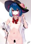  1girl alternate_hair_length alternate_hairstyle bar_censor blue_hair bottomless bow bowtie censored colored_inner_hair cowboy_shot flat_chest food fruit hair_between_eyes hand_on_own_hip hand_up hat highres hinanawi_tenshi ke-ta looking_at_viewer medium_hair multicolored_hair nipples open_clothes open_shirt parted_lips peach petite pink_eyes pink_hair puffy_short_sleeves puffy_sleeves red_bow red_bowtie short_sleeves sidelighting signature solo thigh_gap touhou two-tone_hair undressing 