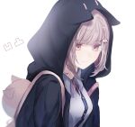  1girl backpack bag black_jacket black_shirt blunt_bangs blush breasts brown_hair closed_mouth collared_shirt danganronpa_(series) danganronpa_2:_goodbye_despair dress_shirt galaga hair_ornament highres hood hooded_jacket jacket medium_breasts medium_hair nanami_chiaki open_clothes open_jacket pink_bag pink_eyes pote_(pote_39) shirt simple_background solo translation_request two-tone_shirt upper_body white_background white_shirt 