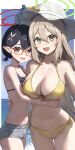  2girls :d absurdres ayane_(blue_archive) ayane_(swimsuit)_(blue_archive) bare_arms bare_shoulders bikini bikini_top_only black_hair blue_archive border braid breasts brown_eyes cleavage collarbone commentary cowboy_shot crown_braid denim double-parted_bangs fingernails flower front-tie_bikini_top front-tie_top glasses green_eyes green_halo hair_between_eyes hair_flower hair_ornament halo hand_on_another&#039;s_back hand_on_another&#039;s_waist hat hat_flower hat_ribbon highres kustaru large_breasts light_blush light_brown_hair long_hair looking_at_viewer low_ponytail multiple_girls navel nonomi_(blue_archive) nonomi_(swimsuit)_(blue_archive) ocean official_alternate_costume open_mouth outdoors outside_border pointy_ears red-framed_eyewear red_halo ribbon short_hair short_shorts shorts side-tie_bikini_bottom small_breasts smile stomach striped striped_bikini sun_hat sweatdrop swept_bangs swimsuit very_long_hair water wavy_mouth white_border white_headwear yellow_bikini yellow_flower 