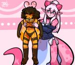  antennae_(anatomy) anthro arthropod bee big_tail choker clothing dragon dress duo food freckles gynomorph hair hi_res holding_up honey_(food) hoodie horn hymenopteran insect intersex jewelry lychee_gumi messy necklace pheobe_(lilithbee) size_difference tael tail topwear wings 