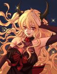  1girl alisa_reinford blonde_hair demon_horns detached_sleeves double-parted_bangs dress eiyuu_densetsu hair_between_eyes highres horns long_hair looking_at_viewer nail_polish red_eyes riwancece_428 sen_no_kiseki sidelocks solo sparkle_background upper_body 