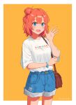  1girl absurdres bag blue_eyes blue_shorts clothes_writing cowboy_shot denim denim_shorts hair_bun hanagamigendai highres open_mouth orange_hair round_teeth shirt short_hair shorts single_hair_bun single_side_bun solo teeth upper_teeth_only waving white_shirt yahari_ore_no_seishun_lovecome_wa_machigatteiru. yuigahama_yui 