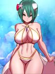  1girl bare_shoulders bikini breasts closed_mouth fire_emblem fire_emblem_heroes gold_trim green_hair hair_between_eyes highres jaxdrawz large_breasts looking_at_viewer midriff navel solo swimsuit thorr_(fire_emblem) white_bikini yellow_eyes 