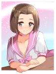  1girl annallee_(suikoden) breast_padding breasts brown_hair choker closed_mouth collarbone commission cougar_(cougar1404) gensou_suikoden gensou_suikoden_ii green_eyes looking_at_viewer pink_choker puffy_short_sleeves puffy_sleeves school_uniform short_hair short_sleeves skeb_commission smile solo 