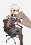  1girl absurdres alternate_costume black_pantyhose black_skirt blonde_hair business_suit cellphone chair coffee collared_shirt commentary commission crossed_legs cup disposable_cup feet_out_of_frame formal girls&#039;_frontline glasses grey_background highres holding holding_cup holding_phone long_hair looking_at_viewer neonfloyd office_chair office_lady on_chair pantyhose pencil_skirt phone red_eyes shirt simple_background sitting skirt skirt_suit smartphone smile solo suit swivel_chair table type_80_(girls&#039;_frontline) white_shirt 