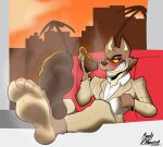  anthro aroused_smile clothing coffee_mug dreamworks feet feet_on_table foot_focus footwear hi_res male mr._wolf_(the_bad_guys) musk musk_clouds randy_d_raccoon shoe_sniffing shoes showing_feet simple_background smug_face sniffing socks solo the_bad_guys 