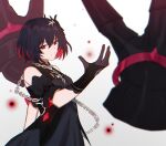  1girl 3o_c :d ahoge bare_shoulders black_dress black_gloves bob_cut claw_(weapon) dress gloves grey_background grin hair_ornament honkai_(series) honkai_impact_3rd looking_at_viewer red_eyes red_hair seele_(alter_ego) seele_vollerei seele_vollerei_(stygian_nymph) short_hair smile solo teeth upper_body weapon 