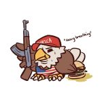  1:1 3_toes accipitrid accipitriform advos ak-47 ambiguous_gender anthro assault_rifle avian bald_eagle beak bird bodily_fluids brown_body brown_feathers burger clothed clothing digital_media_(artwork) eagle english_text feathers feet feral fingers flag food gun hat headgear headwear holding_gun holding_object holding_rifle holding_weapon overweight pattern_clothing pattern_shirt pattern_topwear ranged_weapon red_clothing red_hat red_headwear rifle sea_eagle shirt simple_background solo standing stars_and_stripes sweat talons tank_top text text_on_clothing text_on_hat text_on_headwear toes topwear united_states_of_america weapon white_body white_feathers yellow_beak 