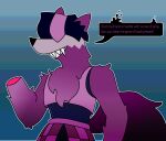  anthro blaze(hexedcyana) canid canine dialogue hexedcyana hi_res male mammal missing_hand simple_background smile solo 