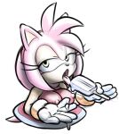  2023 amy_rose anthro bedroom_eyes breasts clothed clothing dress eating eating_food eulipotyphlan female food green_eyes hair hedgehog hi_res is_(artist) mammal narrowed_eyes nipple_outline open_mouth pink_body pink_hair popsicle popsicle_melting seductive sega solo sonic_the_hedgehog_(series) suggestive_eating tongue tongue_out 
