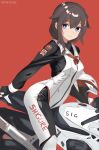  1girl adapted_costume ahoge badge biker_clothes bikesuit black_gloves black_hair bodysuit braid breasts character_name feet_out_of_frame gloves grey_eyes hair_flaps hair_ornament hair_over_shoulder highres kantai_collection looking_at_viewer medium_breasts miron_(mirona33) red_background riding rising_sun_flag shigure_(kancolle) shigure_kai_ni_(kancolle) simple_background single_braid solo sunburst twitter_username two-tone_bodysuit 