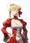  1girl ahoge artist_request blonde_hair blush braid braided_bun breasts cleavage dress epaulettes fate/extra fate/grand_order fate_(series) hair_bun hair_intakes hair_ribbon hands_on_own_hips highres lips long_hair long_sleeves medium_breasts nero_claudius_(fate) nero_claudius_(fate/extra) red_dress red_ribbon ribbon second-party_source single_hair_bun smile solo 