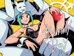  1girl ball bare_shoulders breasts cerebella_(skullgirls) clenched_hands detached_collar english_text green_hair grey_hair highres holding holding_ball leotard looking_at_viewer pechamaju playboy_bunny skullgirls smile solo strapless strapless_leotard 