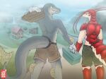  anthro arthropod belt bottomwear clothed clothing crustacean decapoda detailed_background duo fish furgonomics gloves handwear hi_res jooper lobster looking_at_another looking_at_partner malacostracan male marine salmon salmonid_(fish) shorts smile standing toolbox topless yellow_eyes 