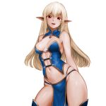  1girl arms_behind_back bare_shoulders blonde_hair breasts cleavage cowboy_shot double-parted_bangs elf gem highres loincloth long_hair medium_breasts midriff minamoto80486 navel open_mouth pointy_ears red_eyes red_gemstone ringed_eyes simple_background skindentation smile solo teeth thighs upper_teeth_only white_background wizardry 