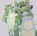  4_fingers 4_toes accessory alternate_species anthro azur_lane bell bikini canid canine circle_eyebrows claws clothed clothing eyebrows feet female finger_claws fingers fluffy frilly frilly_clothing fur furrification green_body green_eyes green_fur green_hair hair hair_accessory hairband happy hi_res isokaze_(azur_lane) kemono looking_at_viewer mammal navel racal_ra skimpy solo swimwear toe_claws toes young 