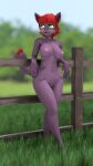  3d_(artwork) against_fence against_surface anthro blender_(software) digital_media_(artwork) exhibitionism farmland felid feline female fence hi_res lucky_(ralsei746) mammal nude nude_outside outside solo sykonejo tail_wrapping 