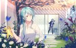  2girls absurdres aqua_hair bang_dream! blue_jacket blue_ribbon bow braid collared_shirt flower grass green_eyes grey_pants hair_bow hair_ribbon highres hikawa_hina hikawa_sayo holding holding_phone holding_watering_can jacket long_hair looking_at_another looking_back medium_hair multiple_girls multiple_hair_bows pants phone plant ribbon shirt siblings sisters sliding_doors socks twin_braids twins walluka watering_can white_socks 