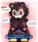  animal_crossing anthro breasts brown_body brown_fur brown_hair comic duo english_text eulipotyphlan fur gynomorph hair hedgehog hi_res human intersex intersex/male male mammal nintendo nipples nude on_bottom on_top pink_background revhearts sable_able simple_background speech_bubble text watermark 
