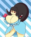  bathrobe big_breasts big_butt black_hair breasts butt cleavage clothed clothing dewy-eyedboy female generation_3_pokemon hair huge_breasts huge_thighs humanoid looking_aside mawile nintendo pokemon pokemon_(species) red_eyes robe sharp_teeth signature smile solo standing teeth text thick_thighs tongue tongue_out 