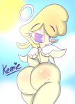  angel anthro big_butt bovid butt caprine cherub female fluffy fluffy_tail fur halo helluva_boss hi_res keenie_(helluva_boss) looking_at_viewer looking_back mammal nsfwtheodore nude sheep simple_background smile solo tail thick_thighs wings yellow_body yellow_fur 