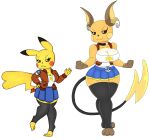  anthro big_breasts bottomwear breasts brown_eyes clothing duo female generation_1_pokemon hi_res jacket legwear nintendo orange_body pikachu pokeball pokemon pokemon_(species) raichu red_cheeks shirt simple_background skirt stockings tail topwear urusee584 white_background yellow_body yellow_cheeks 