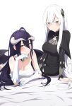  2girls absurdres albedo_(overlord) black_dress black_eyes black_feathers black_hair black_wings breasts butterfly_hair_ornament camui1104 cleavage closed_mouth commission crossover demon_girl demon_horns dress echidna_(re:zero) elbow_gloves feathered_wings feathers gloves hair_ornament highres horns long_hair looking_at_viewer low_wings multiple_girls overlord_(maruyama) pixiv_commission re:zero_kara_hajimeru_isekai_seikatsu slit_pupils smile thick_eyelashes white_gloves white_hair white_horns wings yellow_eyes 