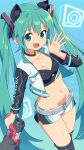  1girl animal_ear_fluff animal_ears belt bikini bikini_top_only black_bikini black_sleeves black_thighhighs breasts cat_ears cleavage cropped_jacket green_eyes green_hair hatsune_miku highres jacket long_hair long_sleeves looking_at_viewer megaphone midriff navel om_(nk2007) open_mouth short_shorts shorts smile solo swimsuit thighhighs thighs twintails very_long_hair vocaloid waving white_jacket white_shorts 