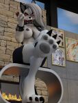 absurd_res anthro bbdworks canid canid_demon claws cuffs_(clothing) daz3d demon feet female fireplace foot_focus hellhound helluva_boss hi_res loona_(helluva_boss) mammal pawpads paws red_eyes solo 