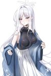  1girl bad_anatomy blue_archive blush breasts grey_eyes halo highres long_hair medium_breasts nagusa_(blue_archive) pleated_skirt raki_kr simple_background skirt solo white_background white_hair white_skirt 