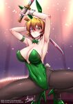  1girl action_taimanin adsouto animal_ears armpits arms_up artist_name blonde_hair blue_eyes blush bow bowtie breasts brown_pantyhose cleavage closed_mouth covered_navel dual_wielding fake_animal_ears fake_tail fishnet_pantyhose fishnets full_body green_bow green_bowtie green_footwear green_leotard high_heels highleg highleg_leotard highres holding holding_sword holding_weapon igawa_sakura indoors large_breasts leotard pantyhose playboy_bunny rabbit_ears rabbit_tail reverse_grip short_hair short_sword signature solo squatting sword tail taimanin_(series) taimanin_asagi tantou weapon web_address wrist_cuffs 