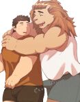  2023 anthro arufina_w bulge clothed clothing duo embrace erection erection_under_clothing felid hi_res hug hugging_from_behind human human_on_anthro interspecies kemono lion male male/male mammal muscular muscular_male pantherine shirt simple_background topwear underwear white_background 