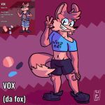  1:1 ambiguous_gender anthro blue_clothing bottomwear canid canine clothing crocs crop_top fluffy footwear fox gesture hi_res hotpants mammal model_sheet redraw shirt shorts solo tail_curl topwear v_sign vox_(voxdafox) voxdafox weezer 