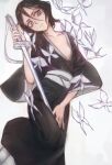  1girl black_hair black_kimono bleach bug butterfly grey_eyes hair_between_eyes highres holding holding_sword holding_weapon japanese_clothes kimono kuchiki_rukia medium_hair season_(artist) solo sword weapon 