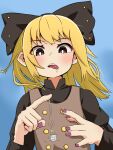  1girl black_bow black_shirt blonde_hair blurry blurry_background blush bow brown_hair brown_vest buttons hair_bow highres kurodani_yamame long_sleeves medium_hair purple_nails s_zonmbi saliva shirt solo tongue tongue_out touhou upper_body vest 