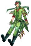  1boy :d aqua_footwear asymmetrical_sleeves bandana black_eyes boots cross-laced_footwear floating_hair flygon full_body gloves goggles goggles_on_head green_bandana green_gloves green_hair katagiri_hachigou knee_pads lace-up_boots long_hair male_focus open_mouth personification pokemon simple_background smile solo teeth two-tone_gloves uneven_sleeves upper_teeth_only white_background white_gloves 