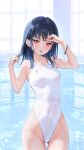  1girl absurdres bare_shoulders black_hair blush breasts collarbone covered_navel hair_ornament hairclip hands_up highleg highleg_swimsuit highres ichigo-chan_(mignon) indoors looking_at_viewer medium_hair mignon mouth_hold original red_eyes reflection shiny_skin simple_background small_breasts solo swimsuit water water_drop wet whistle white_swimsuit 
