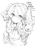  1girl ascot blush collared_shirt greyscale hair_between_eyes hand_up highres ikeuchi_tanuma long_sleeves looking_at_viewer monochrome original outstretched_arm shirt short_hair short_twintails sidelocks sketch solo sweatdrop tino_(ikeuchi_tanuma) twintails upper_body v v-shaped_eyebrows 