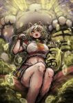  2b-ge animal_humanoid big_breasts blonde_hair breasts cat_humanoid clothing coin fangs felid felid_humanoid feline feline_humanoid female hair hi_res humanoid japanese_text mammal mammal_humanoid maneki-neko midriff navel open_mouth orange_eyes smile solo teeth text 