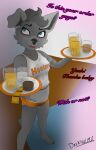  absurd_res alcohol alcoholic_drink anthro beer beverage bianca_(darkholm1) canid canine canis clothing colored condom darkholm1 female hi_res hooters hooters_uniform mammal pasties sexual_barrier_device shy solo text wet wet_clothing wolf 