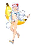  1girl banana bikini blue_bikini blue_hair bracelet breasts choker commentary_request escalation_heroines expressionless eyewear_on_head flower food frilled_bikini frills fruit full_body gin_(ginshari) hair_flower hair_ornament ikusabe_inori inflatable_toy jacket jewelry light_blue_hair long_hair looking_at_viewer low_ponytail navel official_art one-piece_tan open_clothes open_jacket parted_lips red_eyes sandals simple_background small_breasts solo sunglasses swimsuit tan tanlines thigh_strap very_long_hair white_background white_jacket 