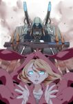  1girl absurdres blonde_hair blue_eyes cannon commentary_request glowing highres looking_at_viewer mecha open_mouth original potato_pot robot short_hair teeth upper_body upper_teeth_only weapon 