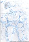  4_toes anthro bathing biceps big_abs big_muscles big_pecs big_quads bird&#039;s-eye_view bottomwear claws clothing cooner english_text feet felid fur high-angle_view horn hot_spring huge_muscles huge_pecs loincloth male mammal muscular muscular_anthro muscular_male navel pecs saber-toothed_tiger sketch smile solo text toe_claws toes toony water wet 