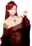  1girl absurdres breasts cleavage dress earrings grey_eyes highres hilda_boreas_greyrat jewelry large_breasts long_hair mature_female mushoku_tensei necklace pearl_earrings pearl_necklace plain_222 red_dress red_hair simple_background solo white_background 