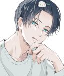  1boy 66nana660 aqua_eyes bangs_pinned_back blue_lock commentary_request fingernails hair_ornament hairclip highres itoshi_rin long_sleeves looking_at_viewer male_focus parted_lips shirt short_hair simple_background solo white_background white_shirt 