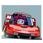  1girl absurdres blue_eyes border car chibi code_geass driving dunlop duz english_commentary fire grey_background headband highres kallen_stadtfeld le_mans_prototype looking_at_viewer motor_vehicle nissan nissan_skyline one_eye_closed open_mouth race_vehicle racecar red_hair red_headband short_hair smile solo vehicle_focus white_border 