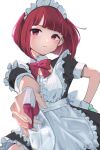  1girl absurdres apron arima_kana bob_cut bow bowtie closed_mouth dress gu00hy highres inverted_bob lace lace_trim looking_at_viewer maid maid_headdress oshi_no_ko red_bow red_bowtie red_eyes red_hair short_hair simple_background solo white_apron white_background 