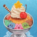  ^_^ blue_background blue_eyes blue_footwear blush_stickers cherry closed_eyes closed_mouth commentary cookie cup food food_focus fruit kirby kirby_(series) lace miclot no_humans open_mouth pink_footwear pudding shoes simple_background smile snow star_(symbol) whipped_cream 