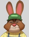  anthro brown_body brown_eyes brown_fur bust_portrait clothed clothing disney eyebrows fur grey_background hat headgear headwear lagomorph leporid long_ears male mammal multicolored_body multicolored_fur narrowed_eyes portrait rabbit reaction_image simple_background solo stu_hopps tan_body tan_fur thehumancopier topwear two_tone_body two_tone_fur zootopia 