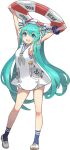  1girl anchor_print aqua_eyes aqua_hair arms_up bare_arms blue_ribbon blue_scrunchie blue_socks contrapposto dress full_body grey_neckerchief hair_ornament hair_ribbon hat hatsune_miku holding_lifebuoy long_hair looking_at_viewer natsufuku_miku neckerchief official_art open_mouth ribbon rope sailor_collar sailor_dress sailor_hat saitou_naoki scrunchie second-party_source sleeveless sleeveless_dress smile socks solo standing striped striped_ribbon taito_four_seasons_figure_(vocaloid) transparent_background twintails very_long_hair vocaloid white_footwear white_headwear 